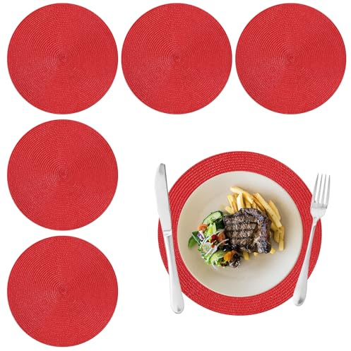 6 Pezzi 38cm Tovagliette Rotonde Intrecciate per Tavolo da Pranzo InTessuto | Tovagliette Rotonde Rosso Set, Sottopiatti Rotondi Eleganti, Tovagliettes Rotondes Lavabili, per Feste, Festività (Rosso)