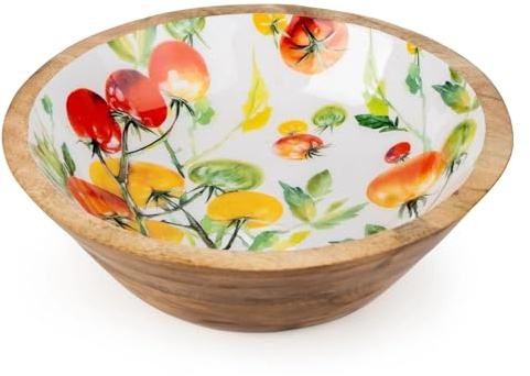 Carousel Home Medium Mango Wood Tomato Serving Bowl, 24cm Handcrafted Wooden Salad and Fruit Bowl with Enamel Interior Rustic Kitchenware