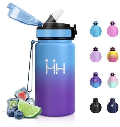 Botella Acero Inoxidable 500ml, Botella Agua con Pajita, Doble Pared al Vacío, Termo sin BPA, a Prueba de Fugas, Fácil de Abrir, Cantimplora Termica para Colegio, Escuela, Excursiones