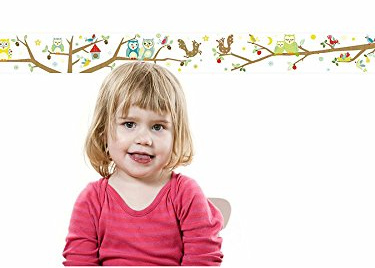 anna wand Bordüre selbstklebend FUNNY FOREST - Wandbordüre Kinderzimmer/Babyzimmer mit Eulen und Vögeln - Wandtattoo Schlafzimmer Mädchen & Junge, Wanddeko Baby/Kinder
