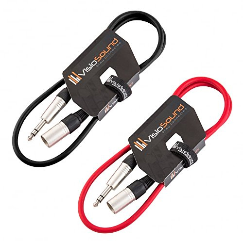 Male XLR to 6.35mm Stereo TRS Jack Lead Audio Cable 2 Pack 1m Black/Red | 2 x Noiseless OFC Balanced Signal, Audio, Speaker, Patch Cable / 4 Colours