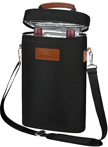 Tirrinia 2 Bottle Leakproof Insulated Wine Tote Carrier Bag - Padded Cooler for Travel, Restaurants, Tasting, Parties, Great Gift for Wine Lovers