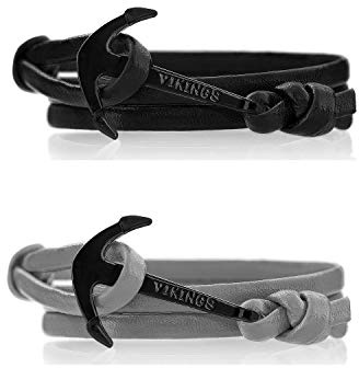 VIKINGS Anker Pärchen Armband 2er Set Leder Schwarz Grau, Leder Black Grey:Schwarz - Schwarz/Grau - Schwarz