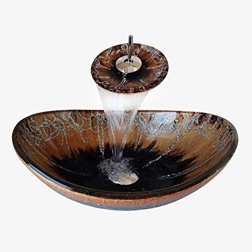 HomeLava Glas Waschbecken Set Bad Oval mit Wasserfall Wasserhahn