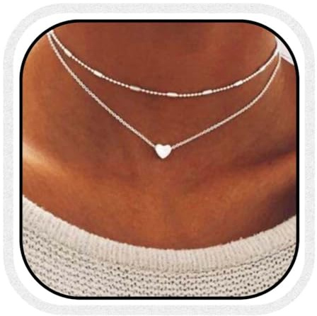 Fashband Collana a Strati Con ciondolo a forma di cuore, stile boho, semplice, a collo corto, da donna (Argento)