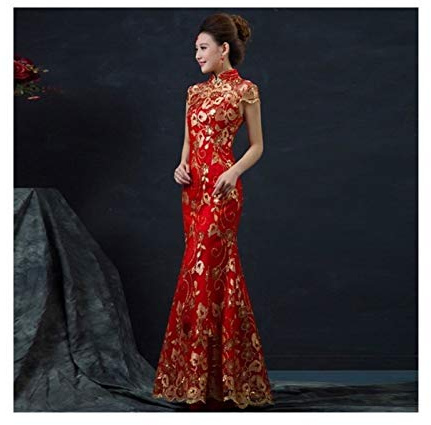 HXSZWJJ Red Chinese Wedding Dress Female Long Short Sleeve Cheongsam Gold Slim Chinese Traditional Dress Women Qipao For Wedding Party (Color : Red, Size : L.)