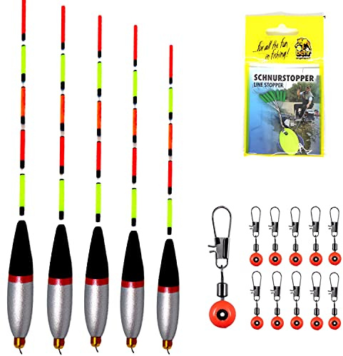 generisch 5 Stück Angel Posen Set Waggler inkl. Schnurstopper und Posenadapter Angelposen Laufpose Schwimmer Angelset Angeln vorgebleite Posen mit Öse Forellenposen Forellenset