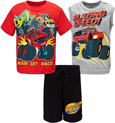 Blaze and the Monster Machines Stripes Zeg Toddler Boys Pullover T-Shirt Tank Top and Bike Shorts French Terry 3 Piece Outfit Set Black/Red/Grey 3T