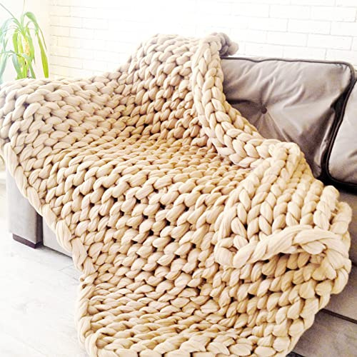 VanderHOME Decke Gestrickte Super Weiche Kuscheldecke Handgefertigt Grobe Strickdecke Grobstrick Decke Gestrickte Decke Wolldecke Couchdecke Flauschige weihnachtsdeko (Beige,60×80cm)
