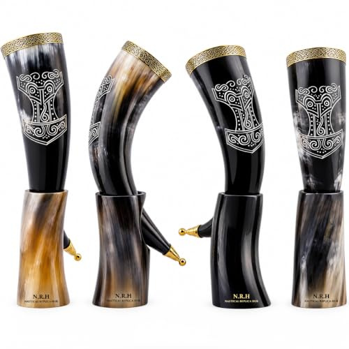 Trinkhorn-Set Met Ale Authentisches geschnitztes Wikinger-Trinkhorn mit Ständer für Bier (4er-Set)