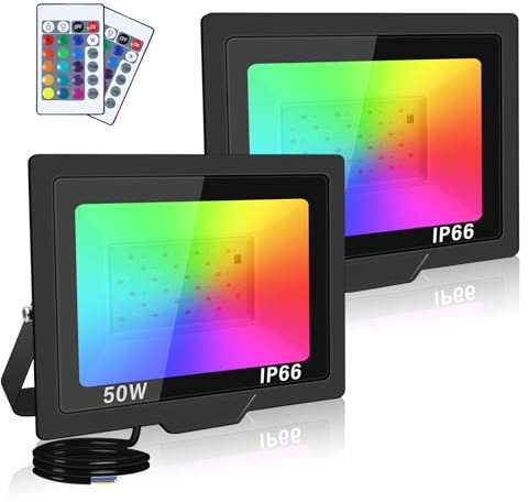SKYWORLD 2 pezzi 50W Faretti RGB da Esterno,Impermeabile Faretti Led Colorati da Esterno con Telecomando,Proiettori Faretti Cambio Colore RGB Modalità di Strobo per Vacanze Feste Halloween