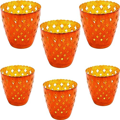 6er Set Orientalisches Windlicht Laterne orientalisch Mateo Groß | Orientalische Vintage Teelichthalter Rostfarben innen Rostbraun außen | Marokkanische Windlichter aus Metall als Dekoration