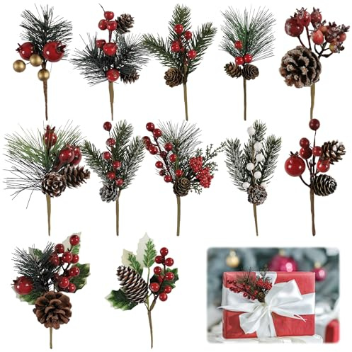 SPHERETRON Weihnachtsbeeren Kleine,12 Stück Kleine Künstliche Tannenzweige mit Beeren,Tannenzapfen Weihnachts,Weihnachten Blumenplektren,Weihnachten Tannenzweige für Weihnachtsbaum Heim deko usw. (C)