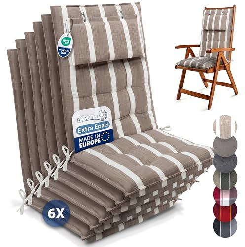 Beautissu 6er Set Premium Hochlehner Auflage mit Kopfpolster rutschfest | 120x50cm 8cm dick Beige Weiß gestreift Polster Gartenstuhlauflage mit Befestigungsbändern UV-Lichtechtheit 5 Stoff Sun-HL