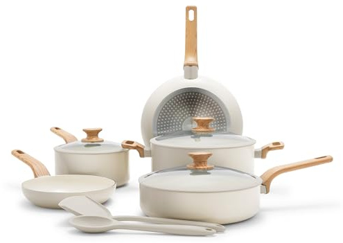 Greenpan Rio Essence Wood - Juego de 10 ollas y sartenes de cerámica saludable, antiadherente, revestimiento sin PFOA ni PFAS, inducción, tapas de borde de silicona, asas de impresión de madera que se