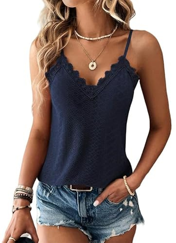 Haibang Vest Tops Women Lace Trim V Neck Ladies Summer Tops Tank Tops Sleeveless Spaghetti Strap Cami Top Eyelet Embroidery Camisole Loose Fit Blouse Shirt Navy Blue