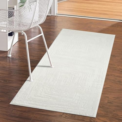 carpet city Teppich Kurzflor Wohnzimmer - Creme - 80x150 cm Rechteckig - Meliert, Geo-Muster - 3D-Effekt - Moderne Teppiche Flachflor Schlafzimmer, Esszimmer
