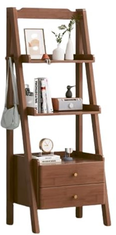 YVYKFZD Bücherregal Leiterregal, Standregal Regal, Lagerregal mit Schublade, Bücherregal aus Holz, Pflanzen-Blumenständer, für Schlafzimmer, Wohnzimmer, Arbeitszimmer(Walnut,17.7x14.1x55.1)