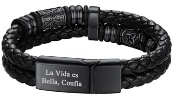 Richsteel Armband Herren Edelstahl Leder 19/21/23cm Silber/Schwarz Lederarmband Flechtarmband mit Magnet Verschluss Doppelreihiges Magnetarmband Schmuck Keltische Elemente Anpassbar