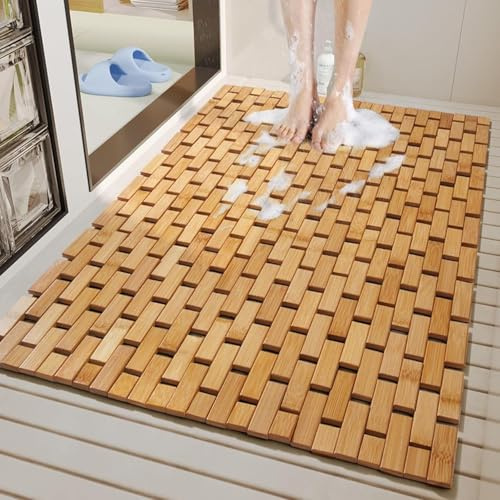 Boracy Badematte Bambus 60×90 cm Faltbare Duschmatte Holz Duschvorleger rutschfest Badezimmermatte Groß Dusche Rutschmatte Rechteckig(Natural,60x90cm)