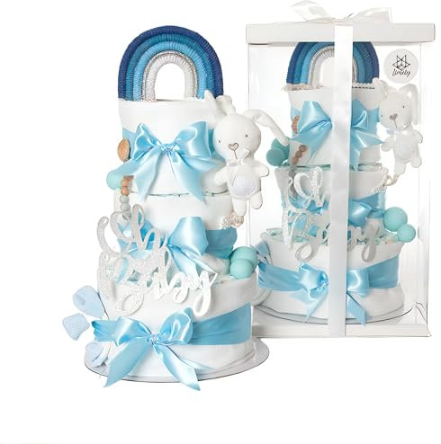 XXL Handgemachte Windeltorte Junge mit Geschenkverpackung, Kuscheltier, Bio Mulltücher, Grußkarte, Söckchen, Pampers Windel, Geschenk zur Geburt, Babyparty, Geburtsgeschenk Junge (Babyblau)