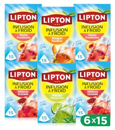 Lipton Infuse à Froid, Lot de 6 Boites, Idéale pour le Thé Glacé, Ingrédients d'Origine 100% Naturelle, 6x15 Sachets Pyramid, 90 Sachets Pyramid