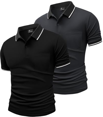 JACKETOWN 2er Pack Poloshirts Herren Kurzarm Golf Polo Hemd Männer mit Tasche Schnelltrocknend Atmungsaktives Work Polohemd Herren Sommer Slim Fit Shirt Tennis Basic Tshirt(Schwarz Grau M)