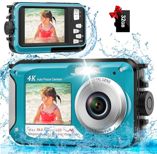 Yixinxin Appareil photo numérique sous-marin 4K 3,3 m étanche avec carte de 32 Go 56 MP Autofocus double écran Selfie pour la plongée avec tuba