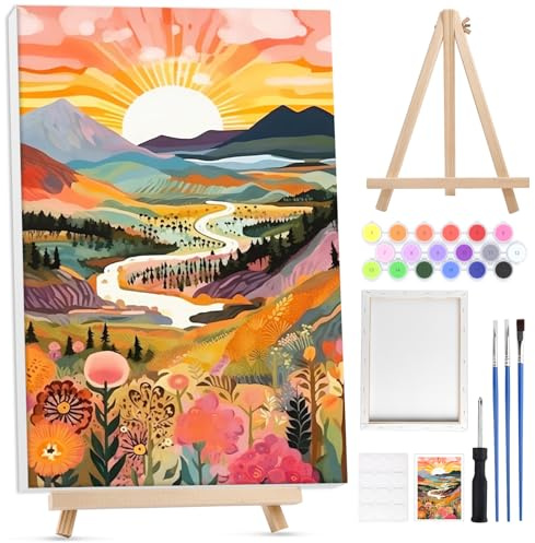 Lxmsja Paysage Peinture Numero Enfant Adulte avec Cadre, avec Chevalet en Bois, Paysage Peinture par Numero Adulte, Numéro d'art avec Pinceaux, Loisirs Créatifs Activité Manuelle Adultes, 20x30cm