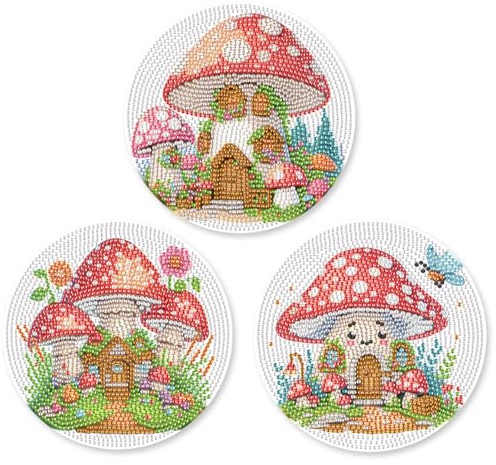 SHEGZHUC Lot de 3 sets de table Diamond Painting - Maison champignon - Maison de fée - 15 cm - Peinture diamant - Dessous de plat avec tapis antidérapant - Décoration de table pour bol, casseroles,