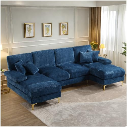 Seyakany Canapé sectionnel Moderne,canapé 4 Places,Grand U-Shape avec sièges inclinables Doubles,canapé d'angle pour Salon/Bureau/Appartement,Chenille,Bleu