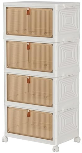SIDSONS 23L/Tier Storage Box With Lid - 4 Tier Plastic Storage Drawers With Wheels, Stackable Folding Wardrobe Organizer, Magnetic Door, Home Organisation For Bedroom Living Room Study Office
