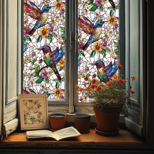 ANATTASOUL Kolibris und Blumen n Fensterbilder for Frühling Sommer | Doppelseitig Blickdichter Badezimmer Fensterbilder Kinderzimmer Wiederverwendbare Fensterbilder Frühling for Winter Herbst