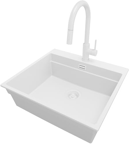 PRIMAGRAN Fregadero Granito al Mueble 60cm + Grifo, 58x53cm | Set: Grifo BW9010 + Kit de desagüe (sifón, válvula, rebosadero) + Oslo max level 1 Seno para Cocina, Todo Blanco
