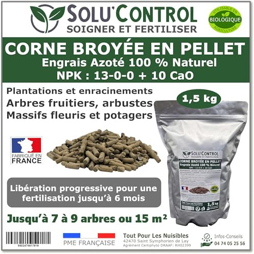 1,5 kg de Corne Broyée en Pellet SoluControl - Formulation haute qualité Organo-Minerale - Engrais Azoté 100% Naturel- Utilisable en Agricultre Biologique