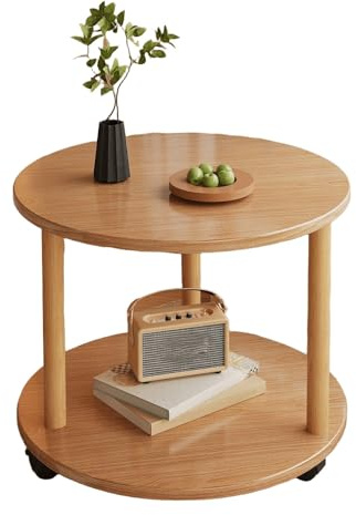 JinZao Beistelltisch Couch Mit Rollen, Couchtisch Rund Klein, Nachttisch Aus Holz, Mit Doppelschichtiger Holzplatte, Für Schlafzimmer Und Wohnzimmer, Braun, Weiß(B,40X40X48CM)