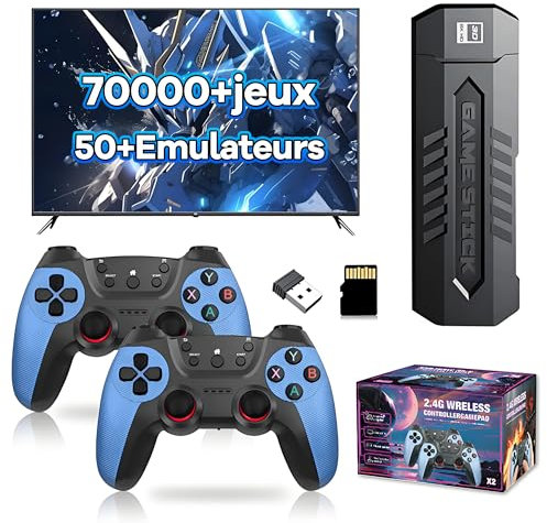 X2 Bleu Clé de Jeu Rétro 4K, Émulateur pour Console Vidéo 256 Go, 70 000+ Jeux Rétro Intégrés, 50+ Émulateurs, Clé de Jeu Vidéo Plug and Play pour TV, avec 2 x 2,4G Rechargeable Manettes sans Fil