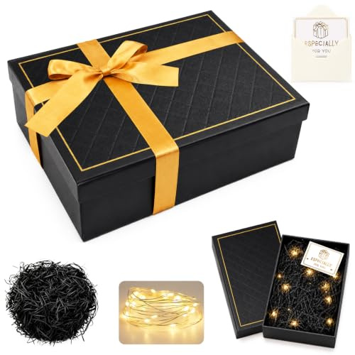 Geschenkbox mit Deckel,Ggeschenkbox mit Licht,Raffia,Grußkarten | 25×18×8,5cm Geschenk Box Schwarz Geschenkkarton für Geburtstag Hochzeit Feiertage Weihnachten Geschenkverpackung
