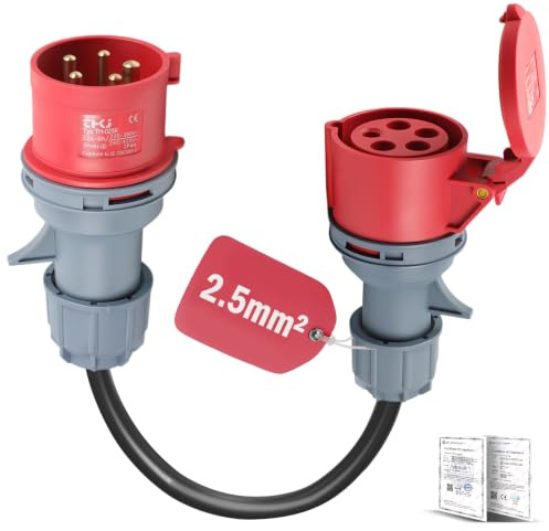 Adapter 32A auf 16A, Starkstrom Adapter IP44 Schutz (0,5m) | CEE Adapter 32A Stecker 16A Kupplung, IP44, flammhemmendes Nylongehäuse, flexible Gummileitung, für Baustelle, Werkstatt