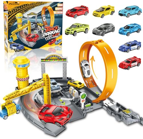 PATEMZON Circuit Voiture Enfant, Piste de Course avec 8 Voitures, Looping et U Track, Set Circuit Voitures avec Autocollants et Panneaux Routiers, Piste de Voiture pour Enfants de 3+ Ans