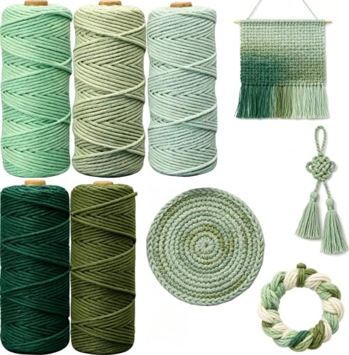 5 Stück Makramee Garn 3mmx50m, BetterJonny Baumwoll Bastelschnur Makramee Baumwollgarn 3mm Baumwollkordel Natur Bunte Baumwoll-Bastelschnur für Basteln Stricken Aufhängen DIY Handwerk-Grüntöne