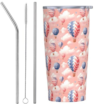 Elegante vaso con estampado de globo aerostático con tapa y popote, vasos aislados de acero inoxidable de 20 onzas, taza de café personalizada, botella de agua