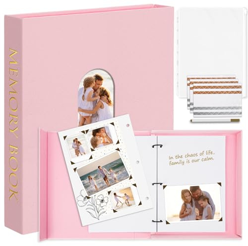 Hiwhy Fotobuch zum Selbstgestalten 21 x 28 cm, Leinen Scrapbook Fotoalbum mit 100 Weißen Seiten, Erinnerungsbuch Gästebuch für Jahrestag Geburtstag Hochzeit, Rosa