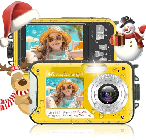 Appareil photo numérique, Yixinxin 4K, autofocus 64 MP, appareil photo numérique étanche avec carte de 32 Go, selfie double écran 1250 mAh, 16 x flottant numérique pour la plongée en apnée