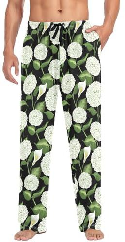 KWQDOZF Pantalon de pyjama vert pour homme avec cordon de serrage et fleurs d'hortensia blanches, confortable et élégant.