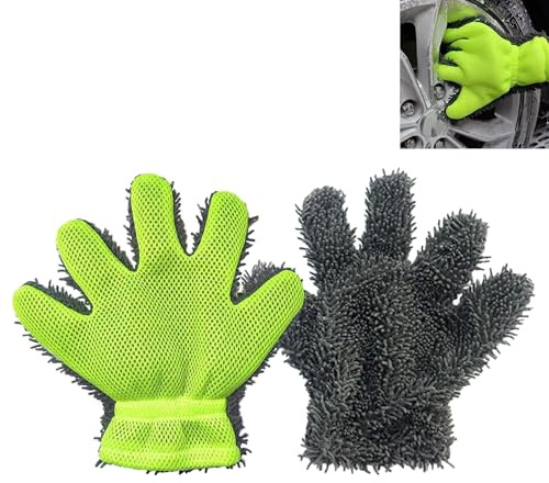 Smaoqingji Guanto Cinque Dita Pulizia Auto - 2 Pezzi, Verde Fluorescente, Guanti Autolavaggio Doppia Faccia, Adatto per la Pulizia di Auto, Biciclette, Motociclette, Finestre, Pavimenti, ecc
