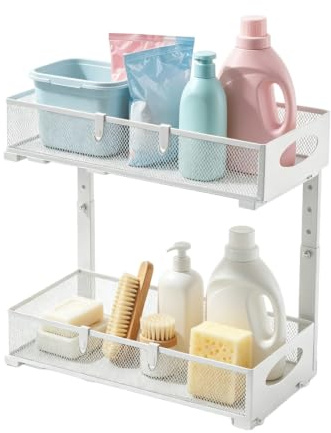 ARATERVIO Unter Waschbecken Regal Höhenverstellbar 2 Etagen Küchen Organizer mit Ausziehbaren Schubladen & Haken Spülschrank Organizer für Küche Bad Gewürzregal (Weiß)