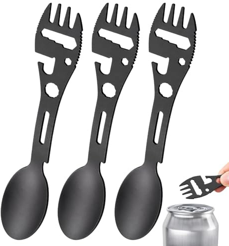 Travel Cutlery Set, 3 Pack Titanium Coated Spork Reusable Portable Camping Utensil, Bottle Can Opener Outdoor Spoon Fork Eating Multi-Tool for Hiking