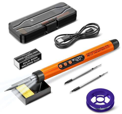 Flintronic Akku Lötkolben Set, USB Kabelloses Lötkolben Set mit LCD und LED, Einstellbare Temperaturen 260 ℃-420 ℃, Wiederaufladbar mit 3 Lötspitzen/Lötdraht/Lötpaste für Reparatur des Schweißens
