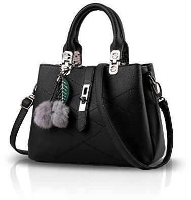 NICOLE & DORIS 2025 Neue Frauen tasche Damen Leder Handtasche Mode Umhängetasche Mit Pompon abnehmbarem Schultergurt handtasche Schwarz